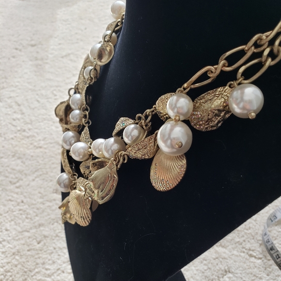 SOLD Talbots Double Layer Gold Shell, Rhinestone and Pearl Necklace - Picture 3 of 8